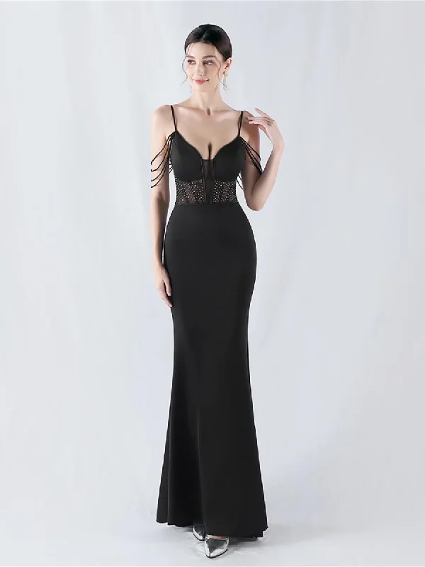 Prom dresses with lace - up side panels and ruffled bodices for a feminine and detailed lookCold Shoulder Chain Corset Rhinestone Prom Dress MYN1004