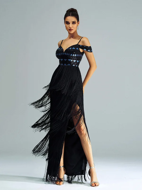 Formal dresses with button - front designs and tulle skirts for a charming prom styleCold Shoulder Fringed Party Dress RX70164