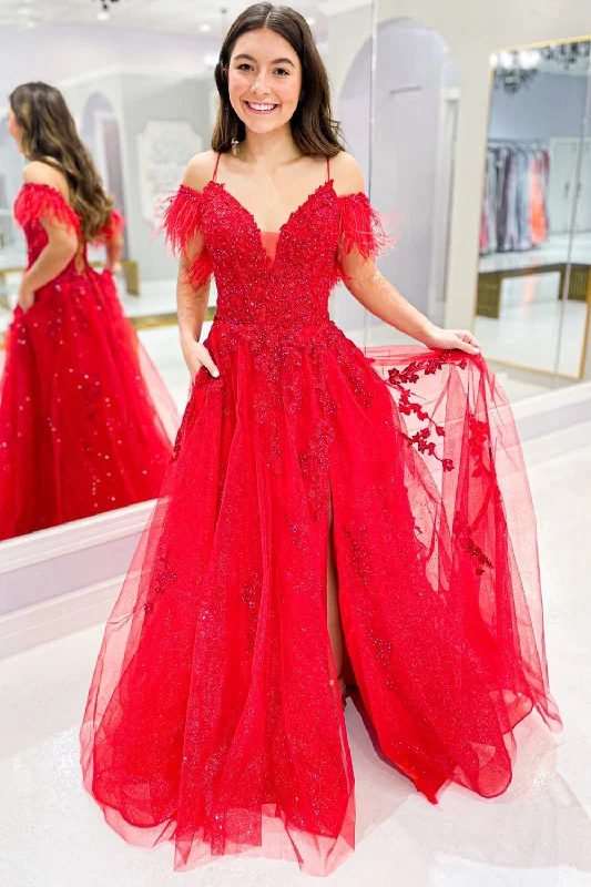 Prom party dresses with a glamorous and elegant aesthetic​Cold Shoulder Red Long Prom Dress with Feathers