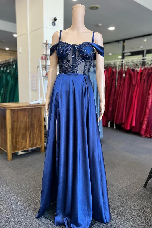 Party dresses with a sheer panel for a hint of allure​Cold Shoulder Royal Blue Corset Prom Dress with Slit