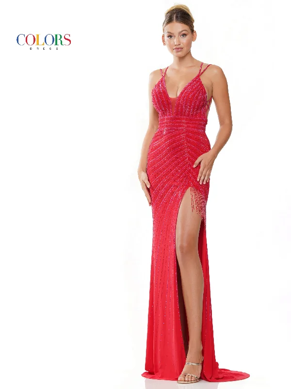Ball gown party dresses with a full skirt for a princess - like look​Colors 3092 Long Spaghetti Strap  Formal Beaded Prom Dress