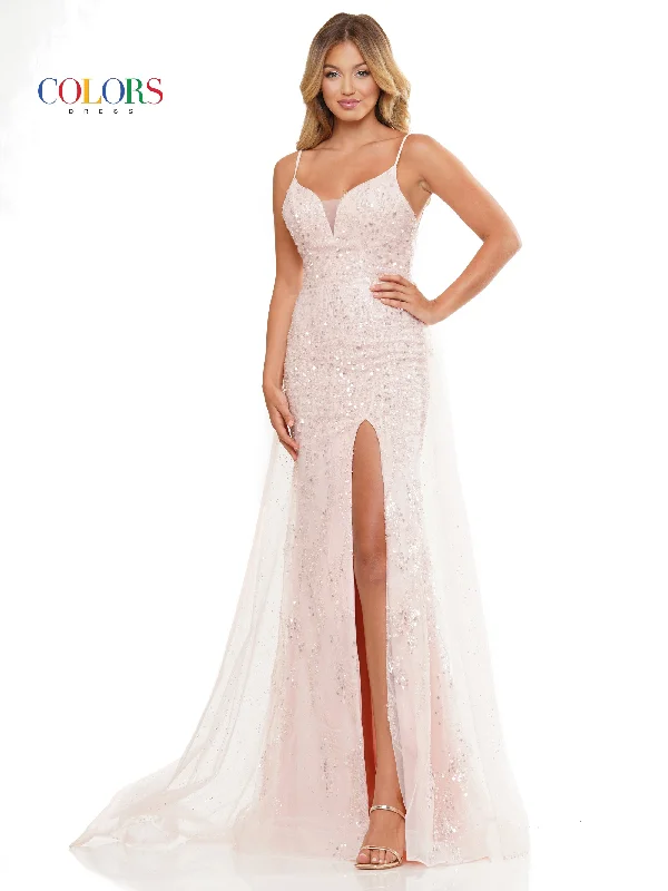 Strapless party dresses with a beaded bodice for added elegance​Colors 3127 Long Fitted Spaghetti Strap Prom Dress