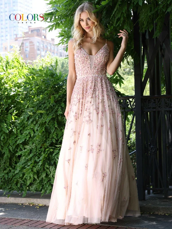 Bodycon dress with a halter neck​Colors K140 Colors Spaghetti Strap Long Prom Dress