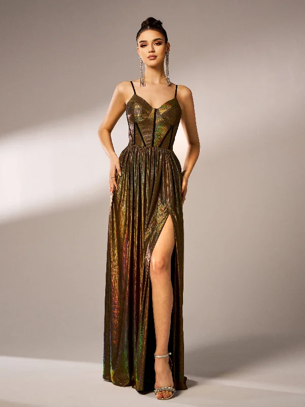 Formal dresses with fringe - trimmed sleeves and wrap - around styles for a bohemian - inspired formal eventCorset Spaghetti Back Tie Metallic Dress DH80175