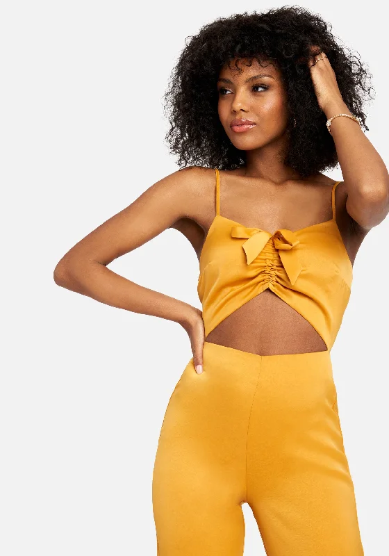 Prom dresses with cold - shoulder cutouts and satin bows for a trendy lookCut Out Wide Leg Jumpsuit