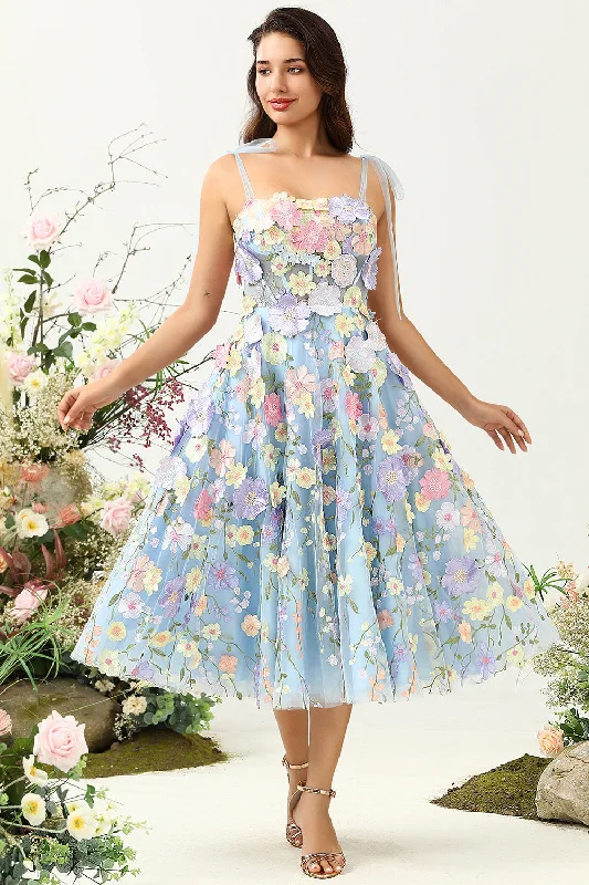 Party dresses with a metallic - thread embroidery for a luxurious touch​Cute A Line Spaghetti Straps Blue Tea Length Prom Dress with 3D Flowers
