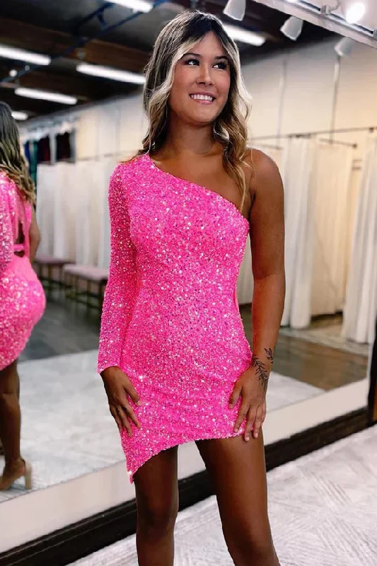 Party dresses with a lace overlay for a feminine touch​Cute Spakrly One Shoulder Sequins Pink Homecoming Dresses PD567