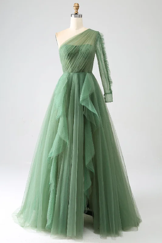 Formal dresses with side - slit pockets and beaded accents for a practical and stylish formal eventDark Green A-Line One-Shoulder Long Prom Dress With Long Sleeves