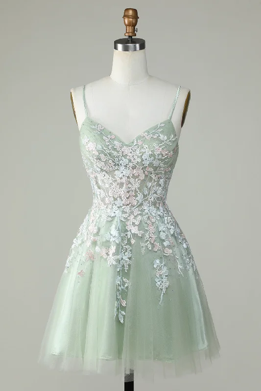 Party dresses with a detachable train for added versatility​Dusty Sage Spaghetti Straps Short Prom Dress With Criss Cross Back