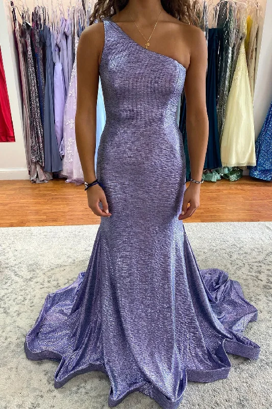 Party dresses with a bow detail for a cute and charming touch​Glitter One Shoulder Light Purple Long Prom Dress