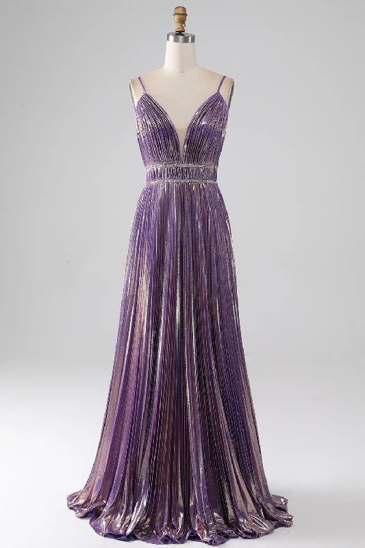 Strapless formal dresses with tulle skirts for a classic prom lookGlitter Purple A-Line Spaghetti Straps Pleated Prom Dress