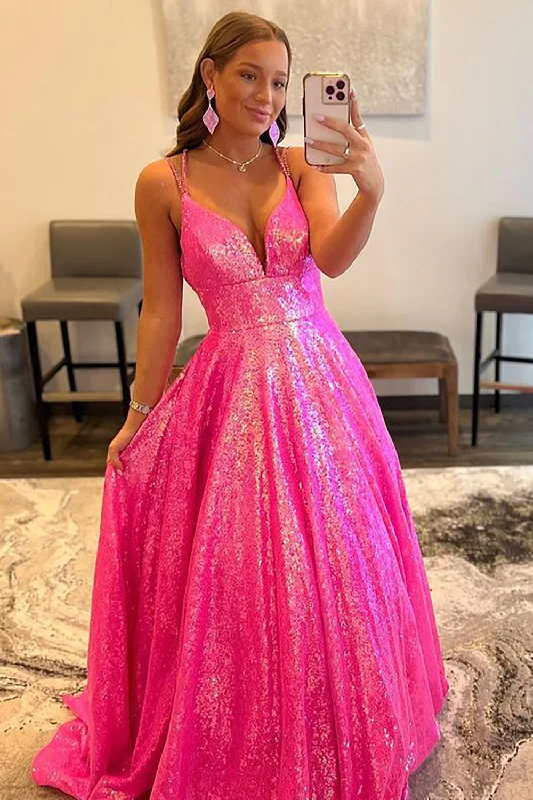 Tea - length party dresses for a sophisticated and versatile optionGlitter V-Neck Fuchsia Sequins Long Prom Dress Tea - length party dresses for a sophisticated and versatile optionGlitter V-Neck Fuchsia Sequins Long Prom Dress