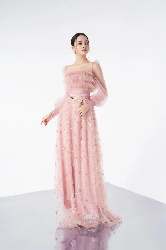 80s - inspired party dresses with bold colors and big shoulders​Hannah Layered Square Neck Mesh Sheer Maxi Dress