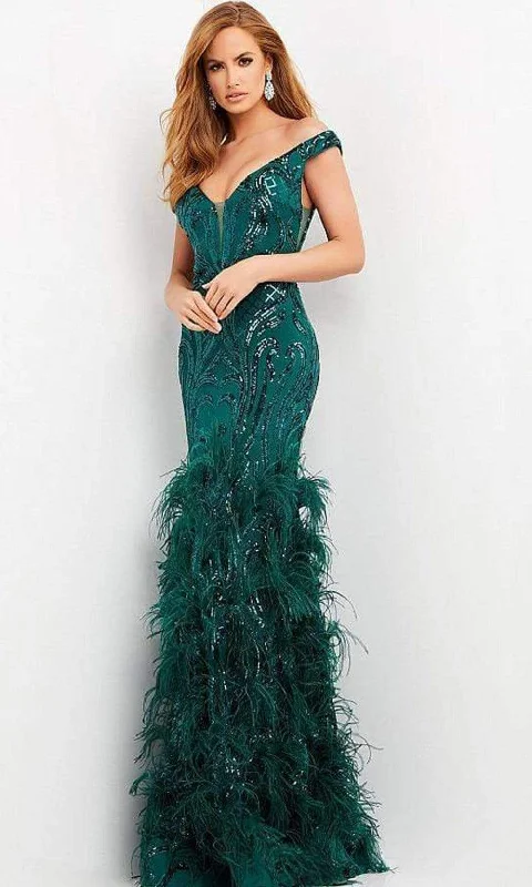Formal dresses with tassel - adorned belts and tiered skirts for a stylish and festive formal eventJovani - 05660 Off Shoulder Sequined and Feathered Gown