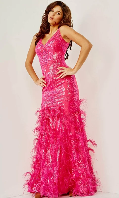 A - line formal dresses with beaded lace appliques for formal eventsJovani 07808 - Feathered Skirt Evening Gown