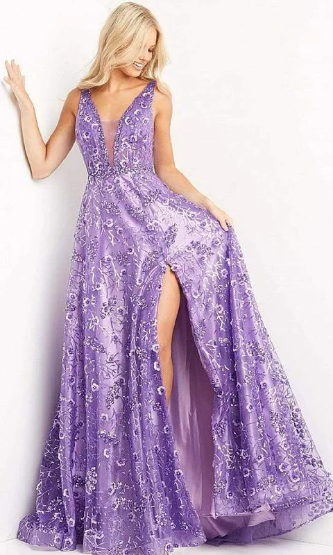 Formal dresses with geometric patterns and metallic accents for a modern formal affairJovani - 08422 Floral Applique Slit A-line Dress