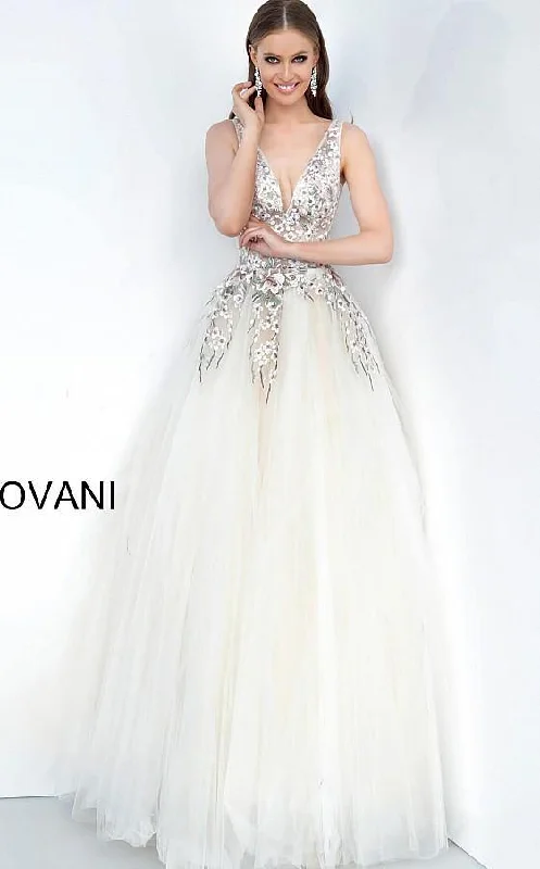 Bodycon dress with a patchwork pattern​Jovani 1816 Multi Embellished V Neck Prom Ballgown