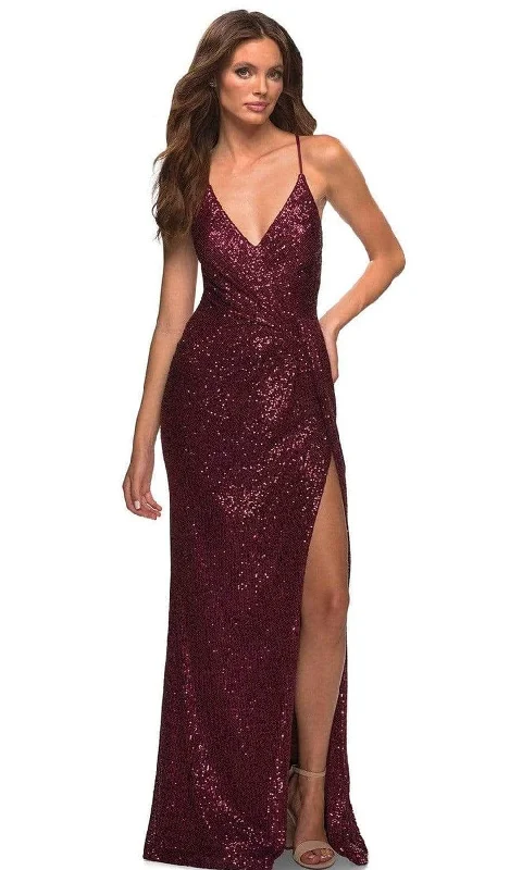 Formal dresses with cold - shoulder ruffled sleeves and floral prints for a romantic and trendy formal styleLa Femme - 29438 Spaghetti Strap Wrap Sequin Long Prom Gown