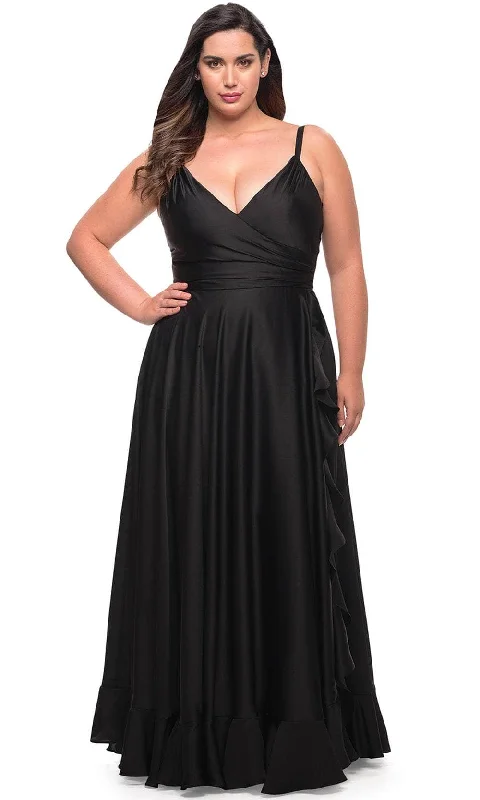 Formal dresses with halter necks and lace - up backs for a stylish promLa Femme 29740 - Ruffled Slit Evening Dress Formal dresses with halter necks and lace - up backs for a stylish promLa Femme 29740 - Ruffled Slit Evening Dress