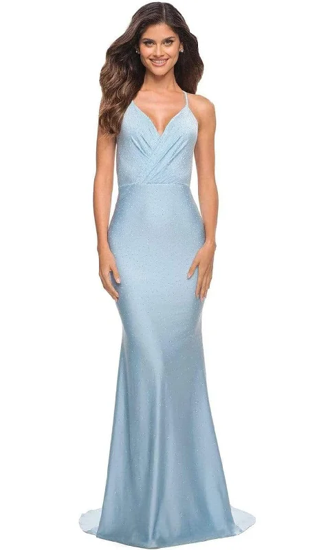 Prom dresses with one - shoulder designs and feather accents for a bold statementLa Femme - 30463 Wrap Style Pastel Gown Prom dresses with one - shoulder designs and feather accents for a bold statementLa Femme - 30463 Wrap Style Pastel Gown