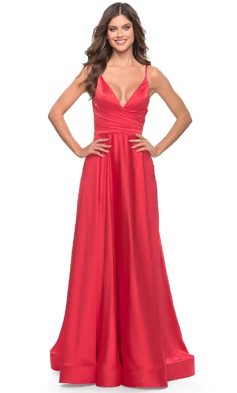 Formal dresses with one - shoulder ruffled straps and sequined bodices for a trendy and eye - catching lookLa Femme 31121 - Deep V-Neck Satin Prom Gown
