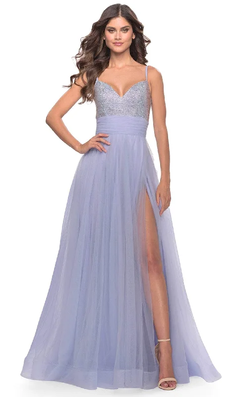 Prom dresses with side - slit skirts and beaded fringes for a glamorous appearanceLa Femme 31433 - Sleeveless Stone Accent Prom Dress