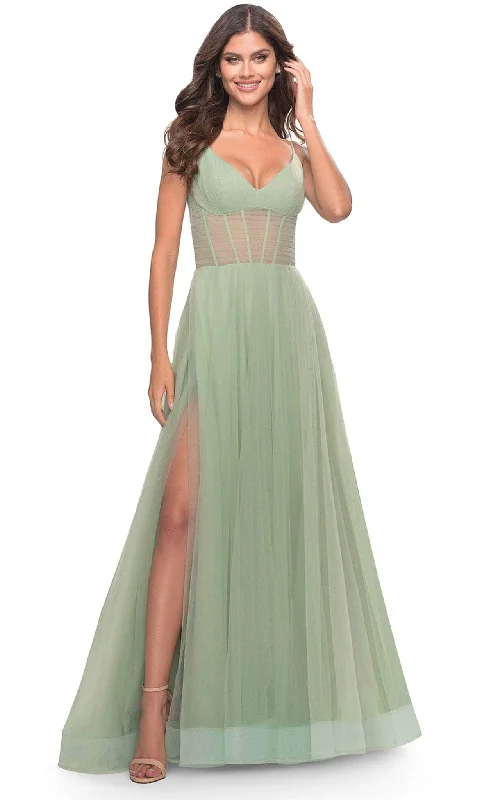 Formal dresses with high - low hems and floral embroidery for a unique prom styleLa Femme 31502 - V-Neck Sheer Corset Evening Dress