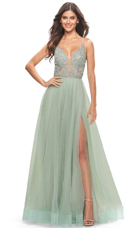 Prom dresses with keyhole backs and rhinestone - studded straps for a flirty lookLa Femme 31542 - Sleeveless Embellished Prom Dress
