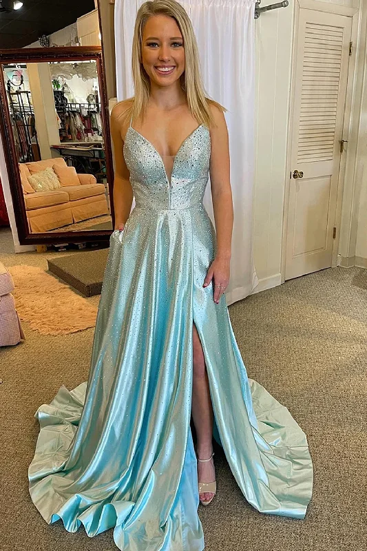 Strapless party dresses with a beaded bodice for added eleganceLight Blue V-Neck Long Prom Dress with Criss Cross Back Strapless party dresses with a beaded bodice for added eleganceLight Blue V-Neck Long Prom Dress with Criss Cross Back