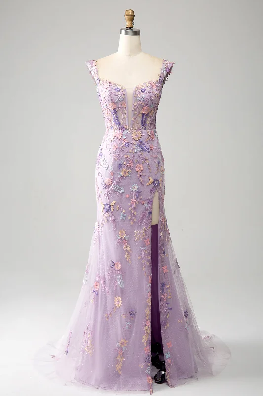 Prom dresses with lace - trimmed sleeves and empire - style waists for a flattering and vintage - inspired formal affairLight Purple Off The Shoulder Long Embroidered Mermaid Prom Dress Slit