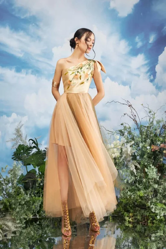 Party dresses with a polka - dot pattern for a classic and playful style​Limbad Gathered One Shoulder Mesh Sheer Maxi Dress