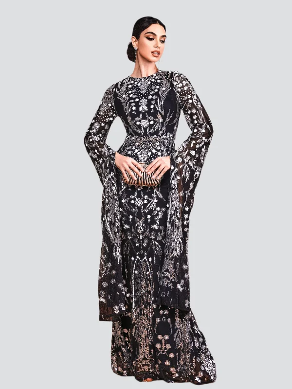 Formal dresses with off - the - shoulder sleeves and rhinestone accents for a sophisticated promLong Sleeve Mermaid Sequin Maxi Dress MES00404