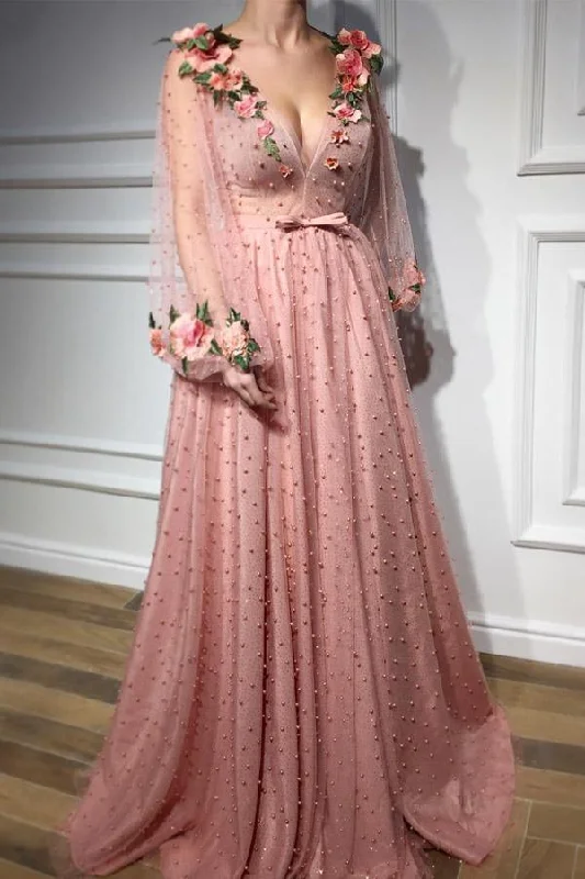 Party dresses with a unique neckline, like a sweetheart or square neckLong Sleeves V Neck 3D Flowers Pink Prom Dresses Formal Dresses PSK063 Party dresses with a unique neckline, like a sweetheart or square neckLong Sleeves V Neck 3D Flowers Pink Prom Dresses Formal Dresses PSK063