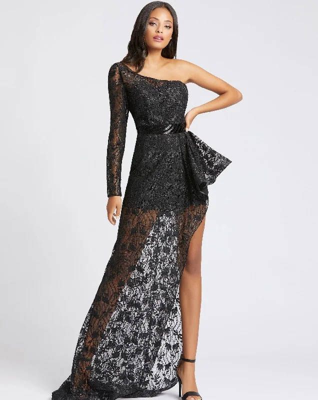 Bodycon dress with a floral print for a feminine touch​Mac Duggal 48897 Long Peplum High Slit Lace Dress