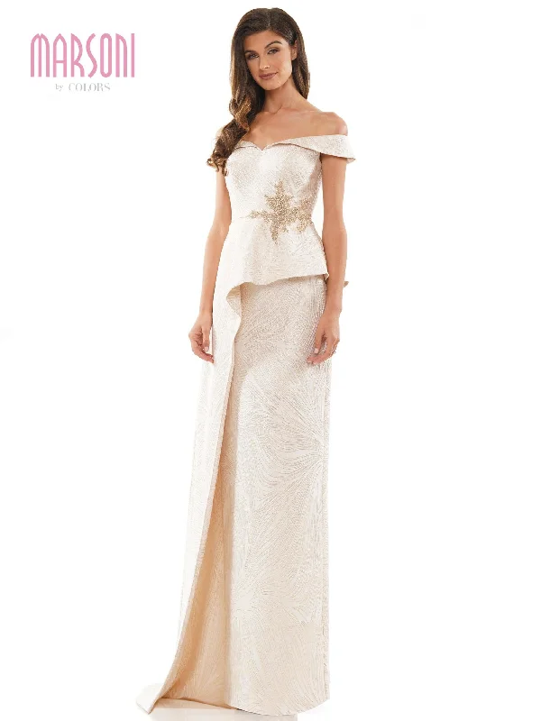 Bodycon dress with a peplum hem​Marsoni Long Off Shoulder Formal Beaded Gown 1225