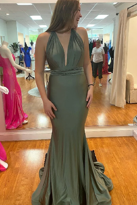 Beach party dresses made of lightweight and breathable fabricMermaid Halter Backless Grey Green Long Prom Dress Beach party dresses made of lightweight and breathable fabricMermaid Halter Backless Grey Green Long Prom Dress