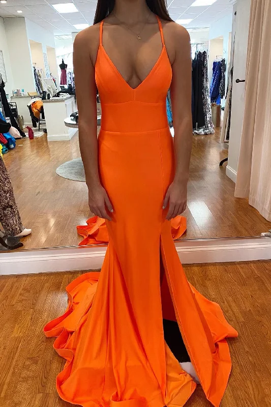 Prom party dresses with a glamorous and elegant aestheticMermaid Lace-Up Back Orange Long Prom Dress with Slit Prom party dresses with a glamorous and elegant aestheticMermaid Lace-Up Back Orange Long Prom Dress with Slit