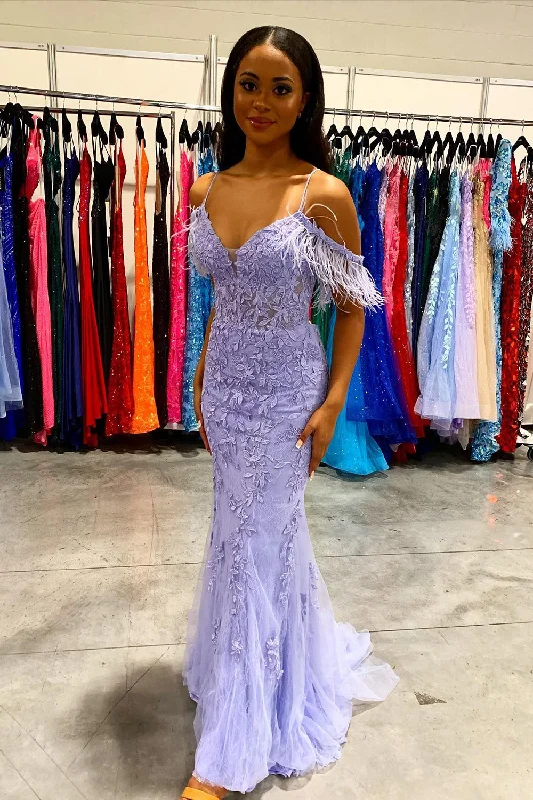 Party dresses with a leatherette material for a tough and stylish appearanceMermaid Off the Shoulder Lilac Long Prom Dress with Feathers Party dresses with a leatherette material for a tough and stylish appearanceMermaid Off the Shoulder Lilac Long Prom Dress with Feathers