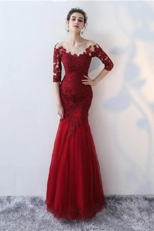 Tea - length party dresses for a sophisticated and versatile option​Mermaid Scoop Half Sleeve Lace Long Prom Dresses Evening Gowns PSK068