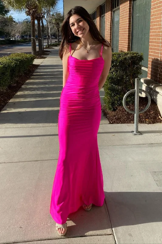 Party dresses with a detachable train for added versatilityMermaid Spaghetti Straps Hot Pink Long Prom Dress with Open Back Party dresses with a detachable train for added versatilityMermaid Spaghetti Straps Hot Pink Long Prom Dress with Open Back