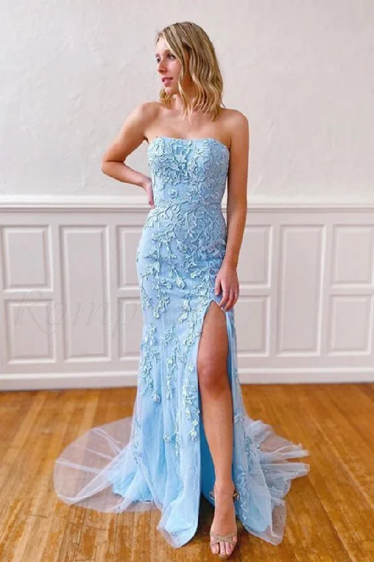 Short - length party dresses with a ruffled skirt for a flirty look​Mermaid Strapless Sky Blue Split Prom/Formal Dress With Lace PSK075