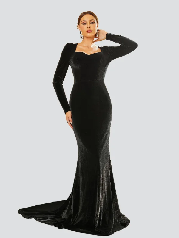 Prom dresses with cold - shoulder cutouts and satin bows for a trendy lookMermaid Sweetheart Velvet Maxi Black Evening Dress RJ10298 Prom dresses with cold - shoulder cutouts and satin bows for a trendy lookMermaid Sweetheart Velvet Maxi Black Evening Dress RJ10298