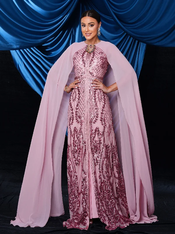 Prom dresses with tiered ruffled sleeves and satin skirts for a feminine and voluminous lookMetallic Embellished Collar Cape Sleeve Dress MES72011