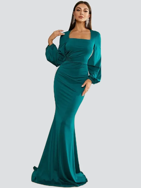 Prom dresses with lace - trimmed hems and off - the - shoulder necklines for a delicate lookBishop Sleeve Square Neck Mermaid Prom Dress XJ1496