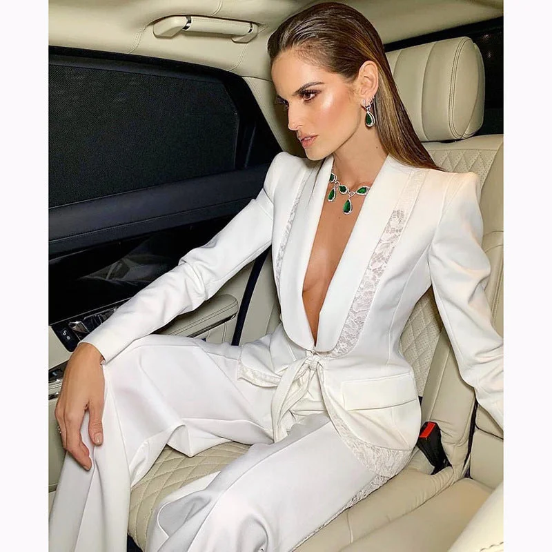 Prom dresses with tiered lace skirts and off - the - shoulder necklines for a feminine and elegant formal affairNew Arrivals White Two Pieces Set Long Sleeve Women's Suit Set Office Career Wear Tuxedo Suits Women