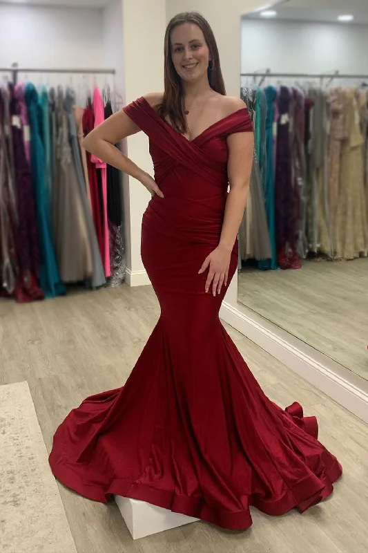 Party dresses with a satin - lined interior for added comfort​Off The Shoulder Mermaid Burgundy Long Prom Dress