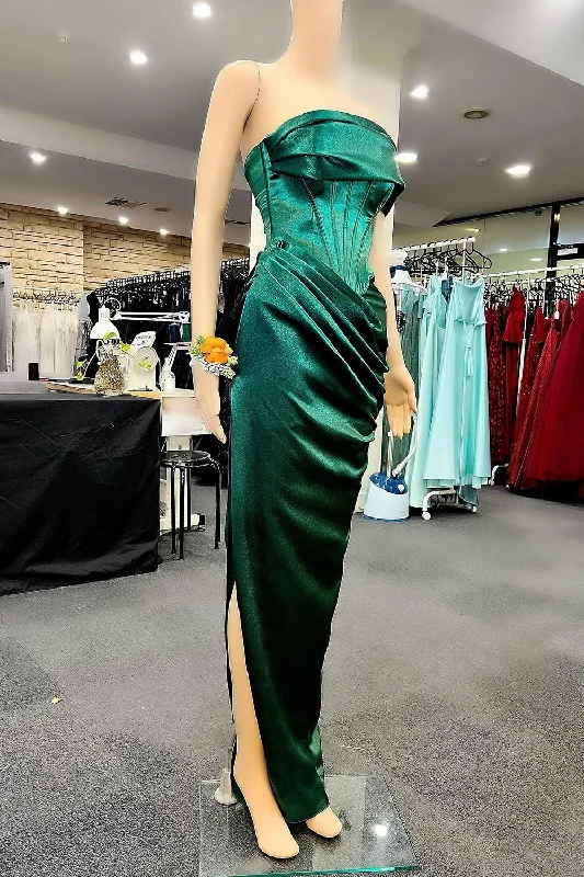 Party dresses with a denim material for a casual yet stylish look​One Shoulder Dark Green Corset Prom Dress with Ruffles