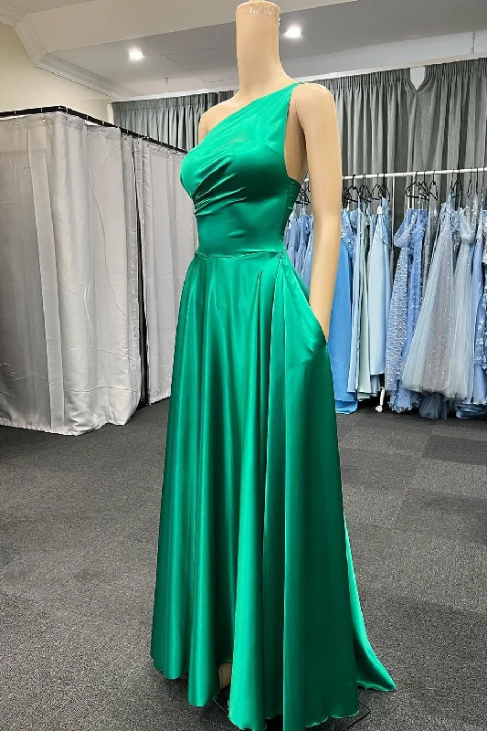 Backless party dresses for a sexy and alluring appearance​One Shoulder Green Long Prom Dress with Pockets