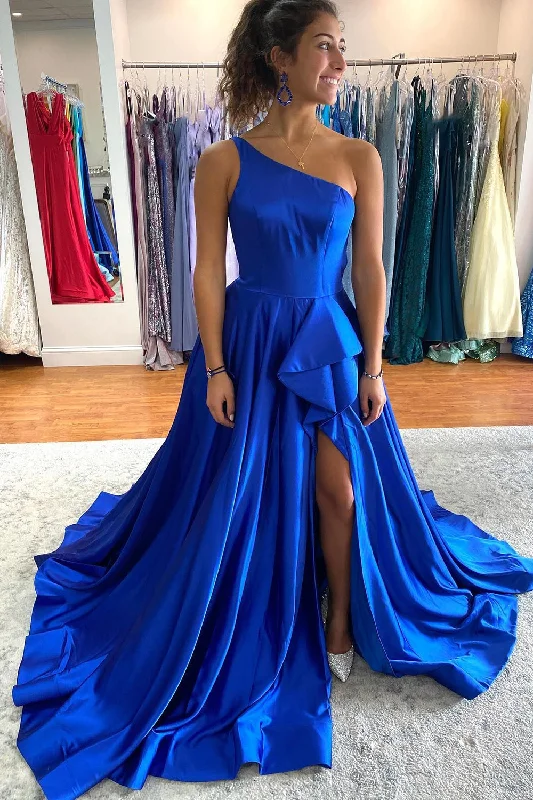 Satin party dresses with a smooth and lustrous finishOne Shoulder Royal Blue Long Prom Dress with Slit Satin party dresses with a smooth and lustrous finishOne Shoulder Royal Blue Long Prom Dress with Slit