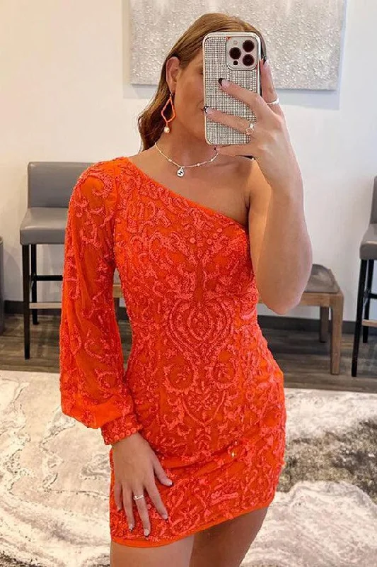 One Shoulder Tight Short Prom Dress Orange Homecoming Dress PD563